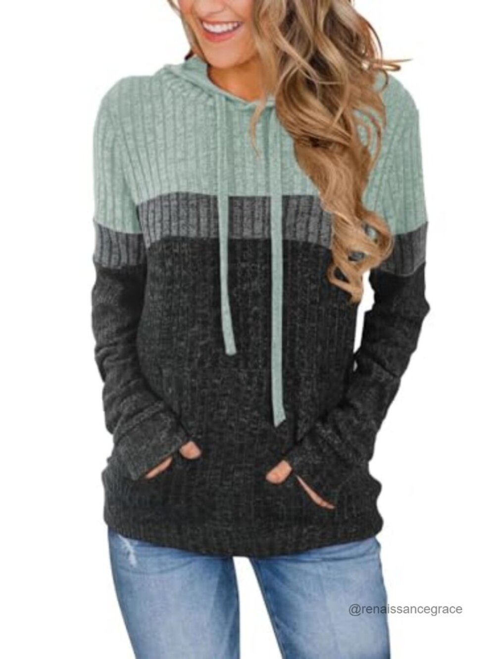 Lylinan Cozy Knit Colorblock Hoodie Sweater Loose Fit Tunic Pullover